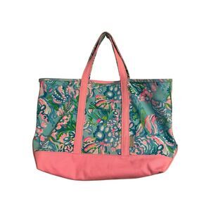 Lilly Pulitzer Mercato Tote Canvas Cotton Travel Bag Large Ibiza Aqua La Vista